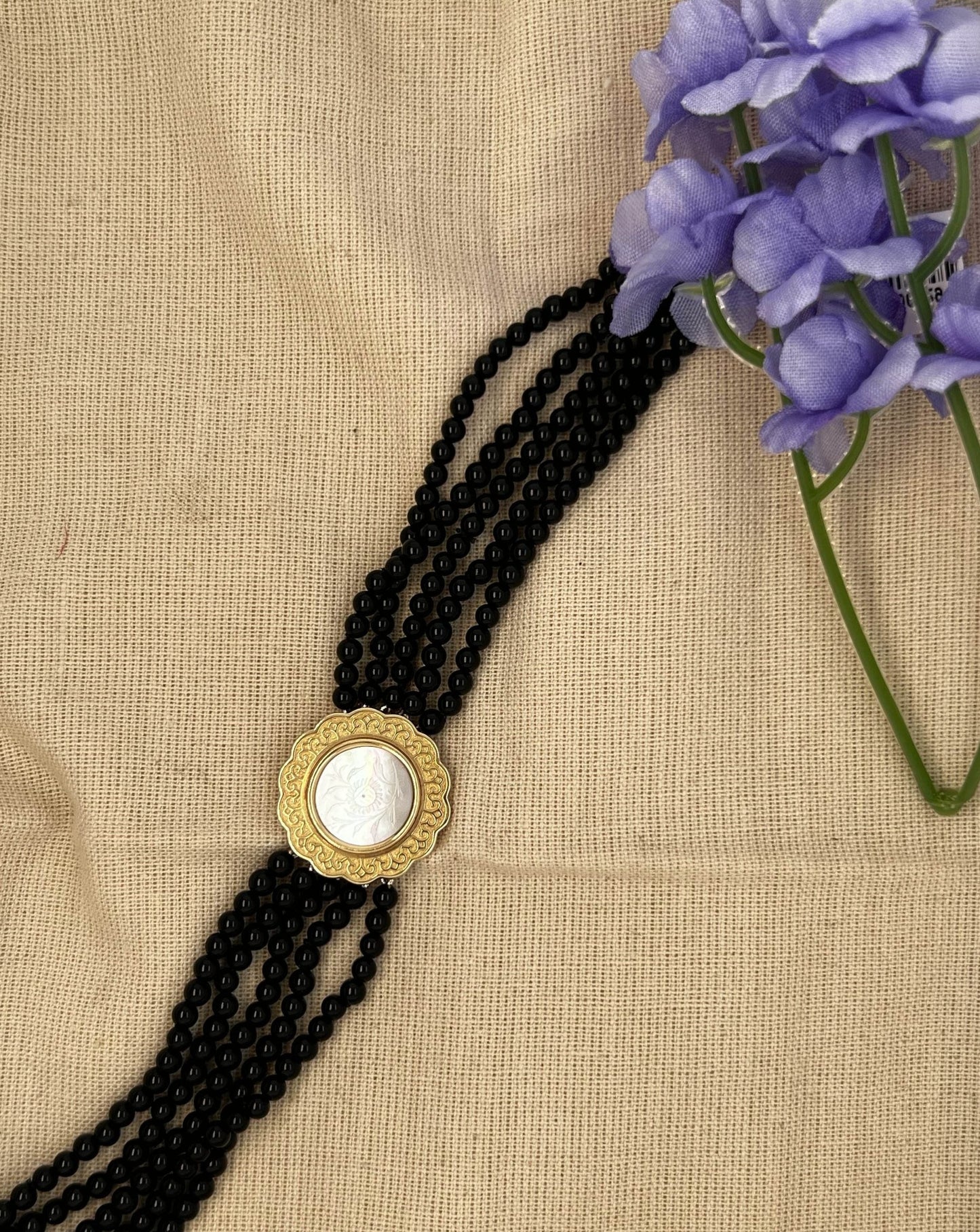 Black Beaded Pearl Bracelet with Gold Trimming and Clasp
