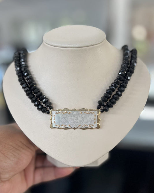 Multi Black Beaded Pearl Necklace with Gold Trimming