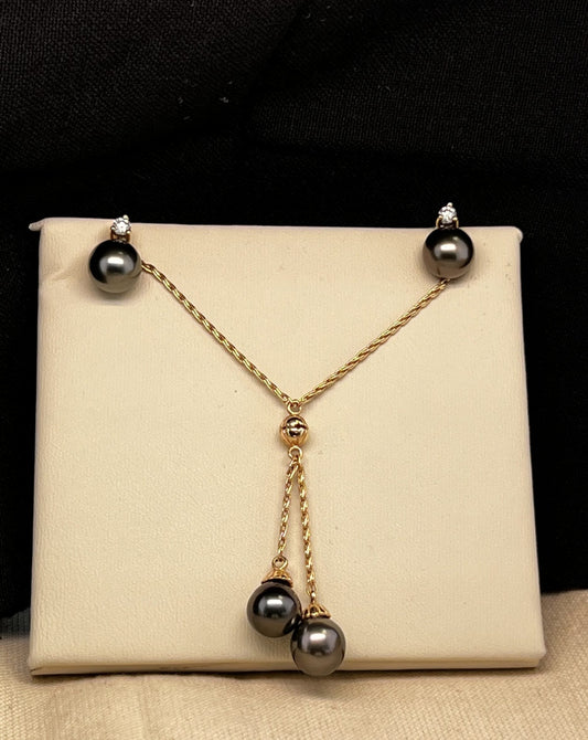 YG Black Pearl Earring & Dangle Necklace Set