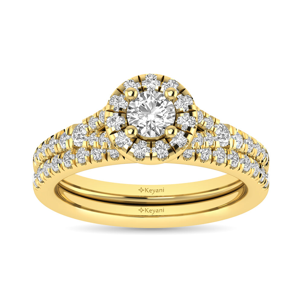 Diamond Split Shank Single Halo Bridal Ring 1 ct tw Round Cut in 14K Yellow Gold