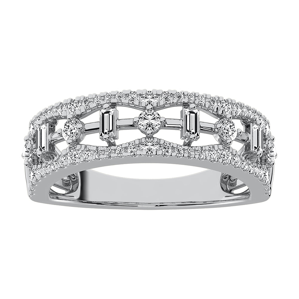 14K White Gold 1/2Ct.Tw. Diamond Round and Baguette Set Fashion Band
