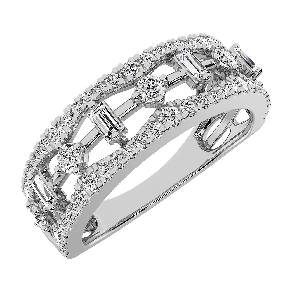 14K White Gold 1/2Ct.Tw. Diamond Round and Baguette Set Fashion Band