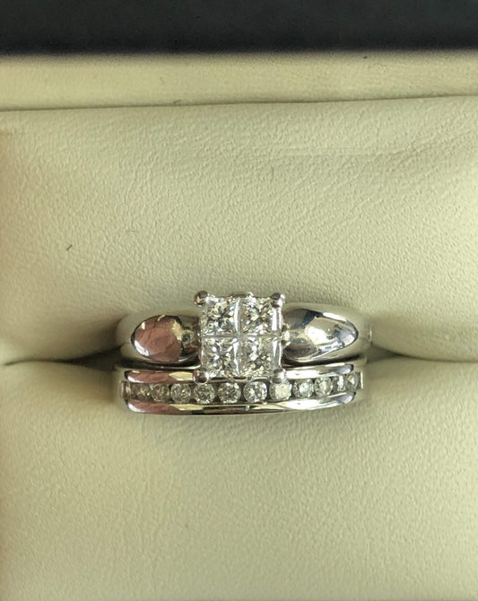14KT WG Four Center with Side Stone Ring/10KT WG Multi Stone Band