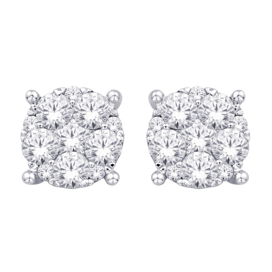 14K White Gold 1 Ct.Tw. Diamond Flower Stud Earrings