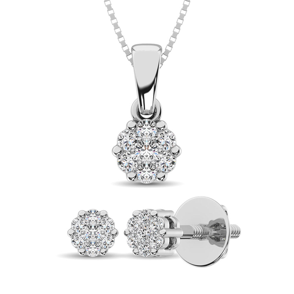 Sterling Silver 1/4 Ct.Tw. Diamond Flower Jewelry Set