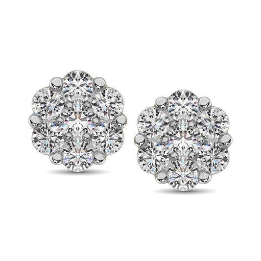 14K White Gold 7/8 Ct.Tw. Diamond Flower Studs Earrings