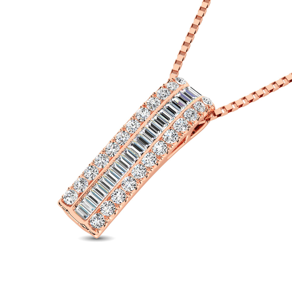 14K Rose Gold Round and Baguette Diamond 1/3 Ct.Tw. Drop Bar Pendant