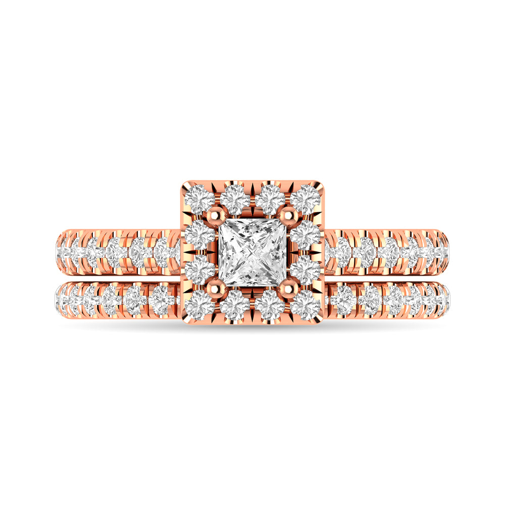 Diamond Classic Shank Single Halo Bridal Ring 1 ct tw Princess Cut in 14K Rose Gold