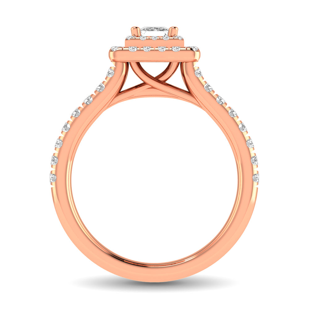 Diamond Classic Shank Double Halo Bridal Ring 1 ct tw Princess Cut in 14K Rose Gold