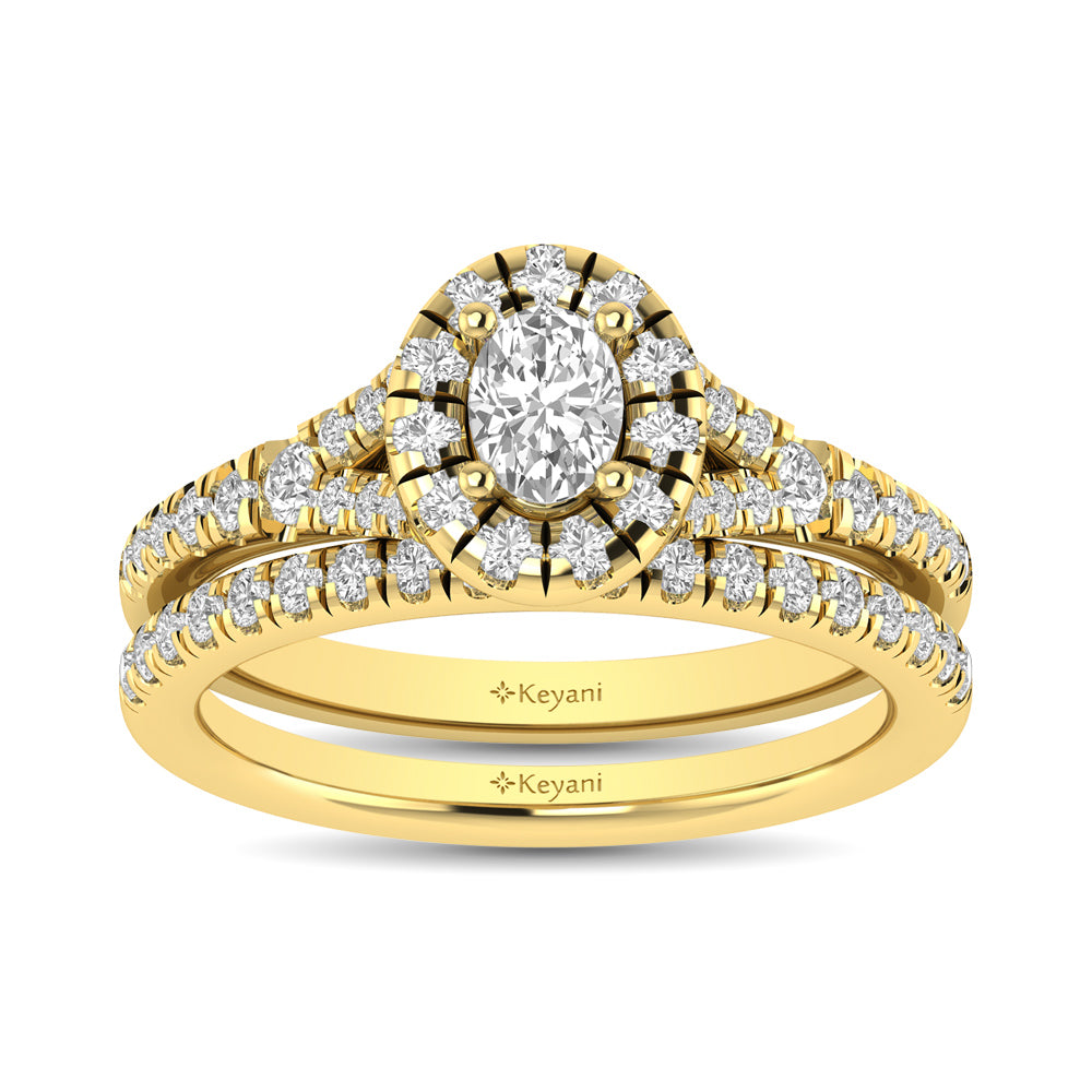 Diamond  Split Shank Single Halo Bridal Ring 1 ct tw Oval Cut in 14K Yellow Gold