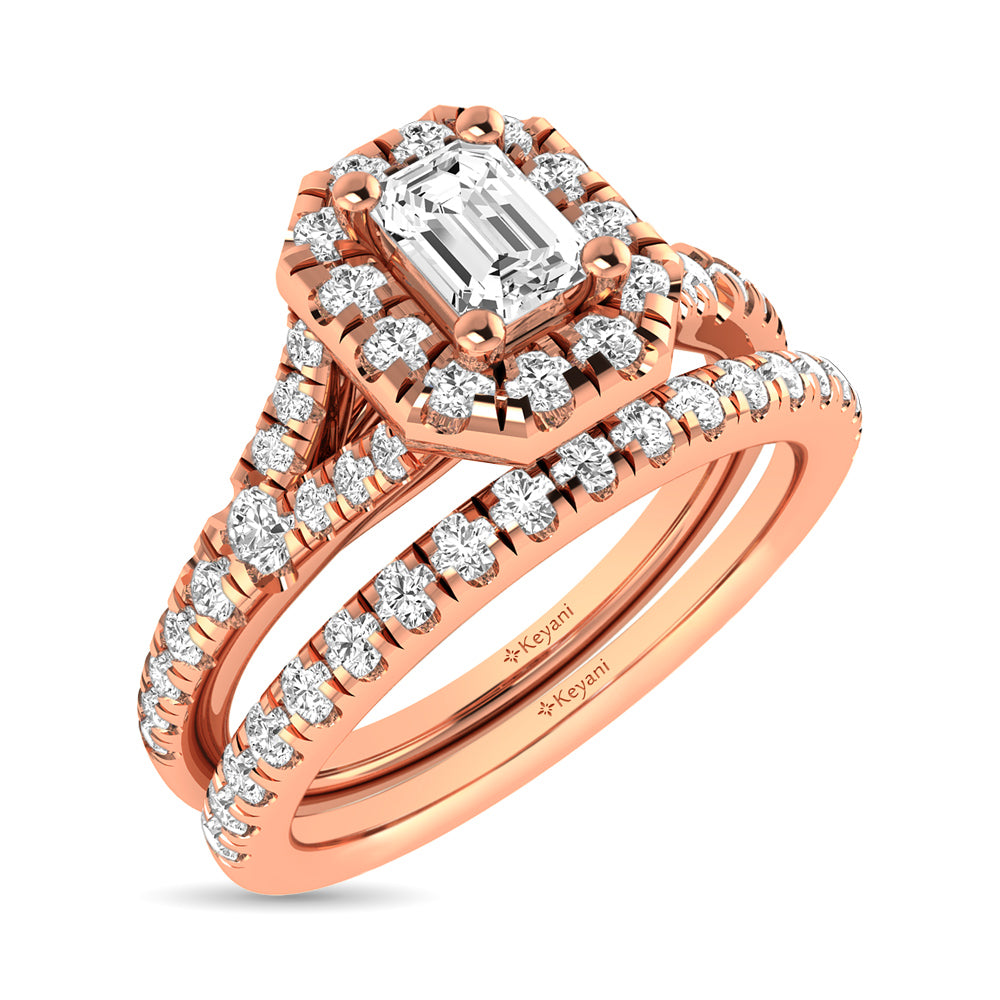 Diamond  Split Shank Single Halo Bridal Ring 1 ct tw Emerald Cut in 14K Rose Gold