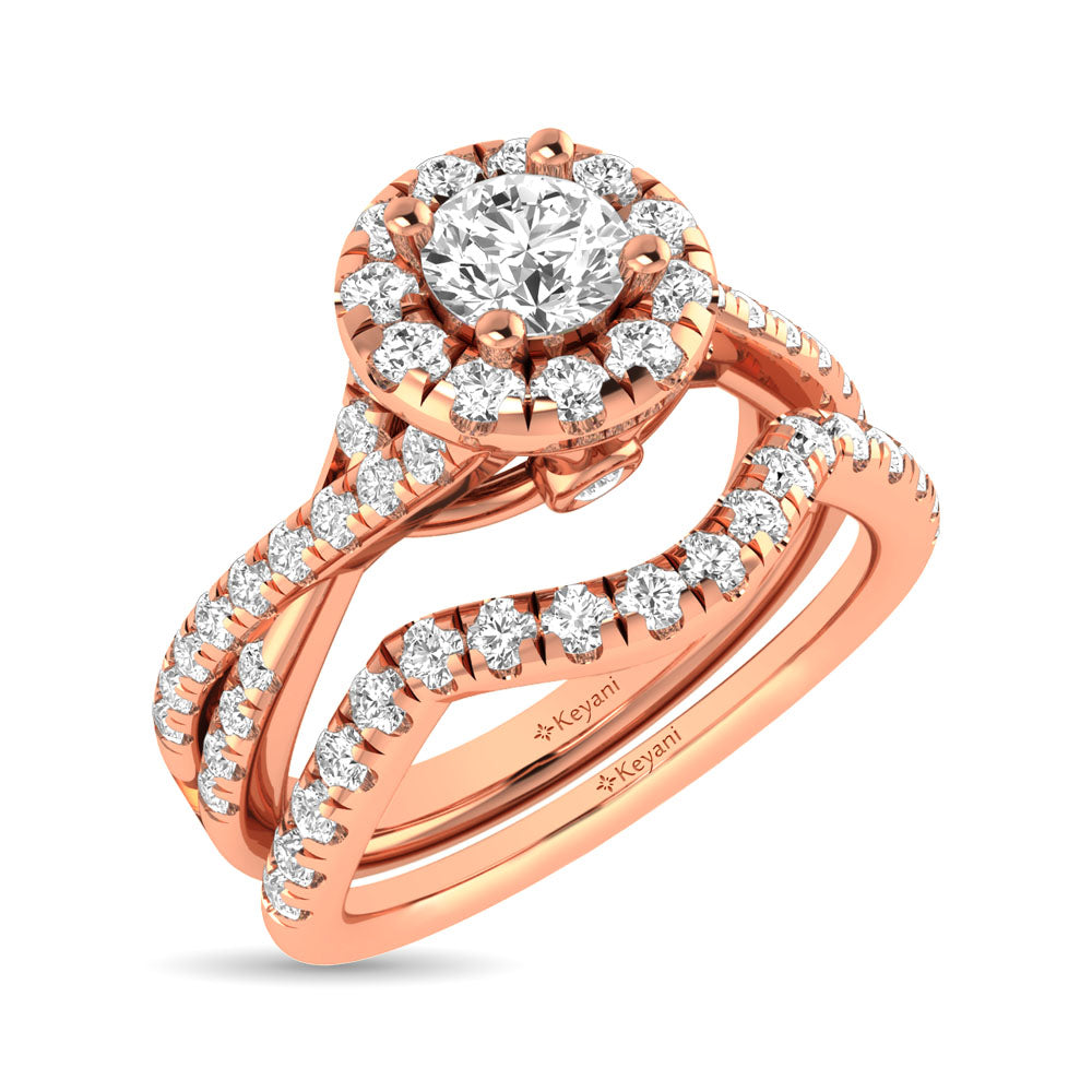 Diamond  Twist Shank Single Halo Bridal Ring 1 ct tw Round Cut in 14K Rose Gold