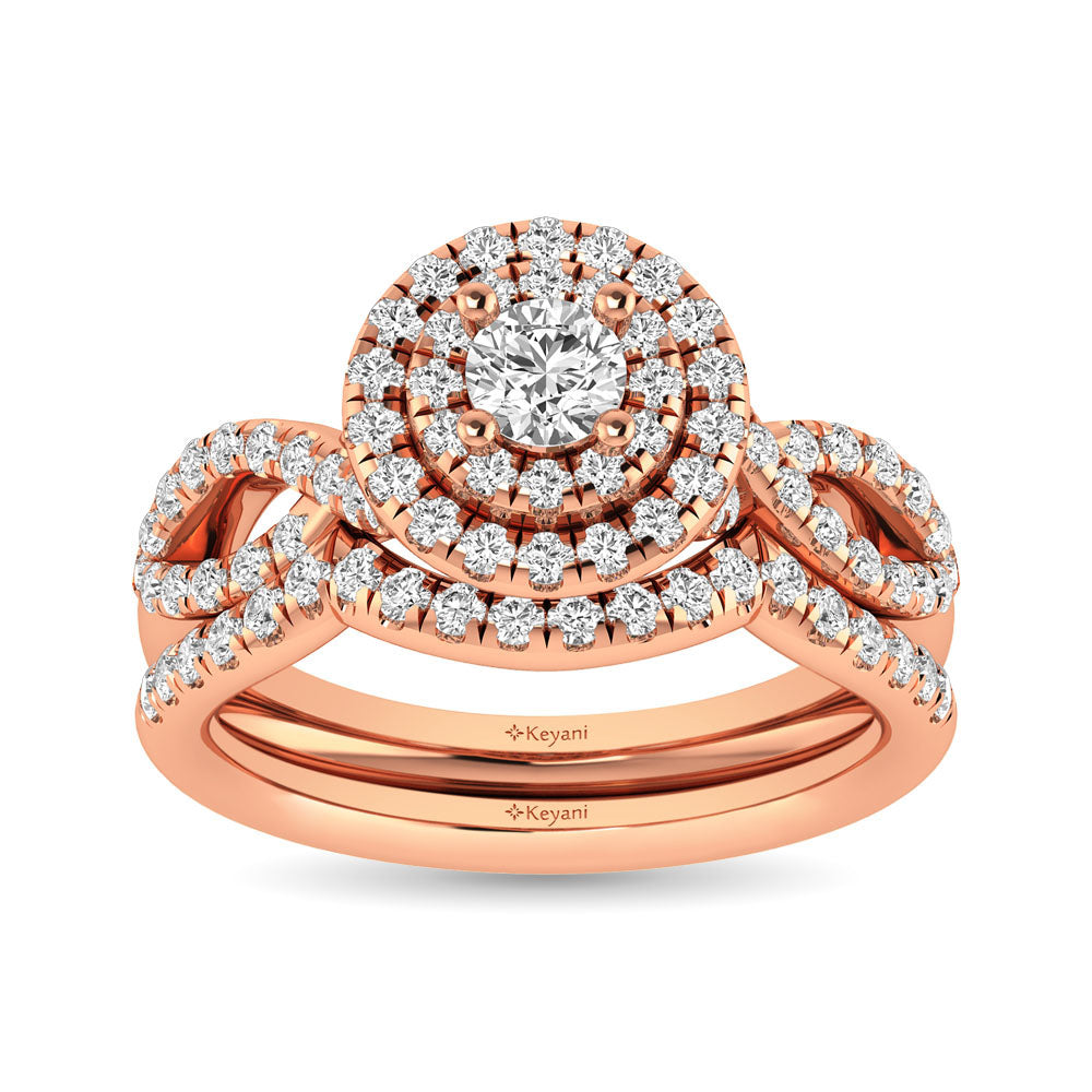 Diamond  Twist Shank Double Halo Bridal Ring 3/4 ct tw Round Cut in 14K Rose Gold