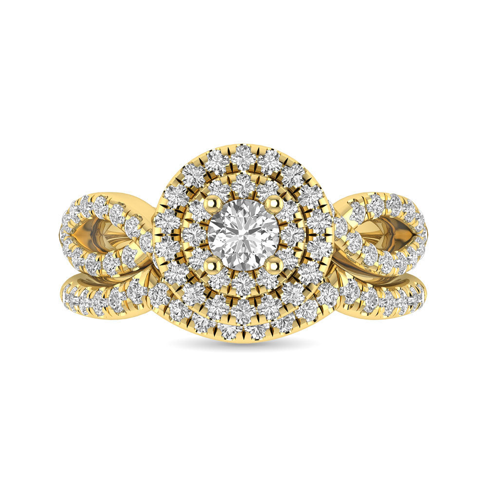 Diamond  Twist Shank Double Halo Bridal Ring 3/4 ct tw Round Cut in 14K Yellow Gold