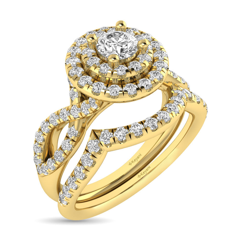 Diamond  Twist Shank Double Halo Bridal Ring 3/4 ct tw Round Cut in 14K Yellow Gold