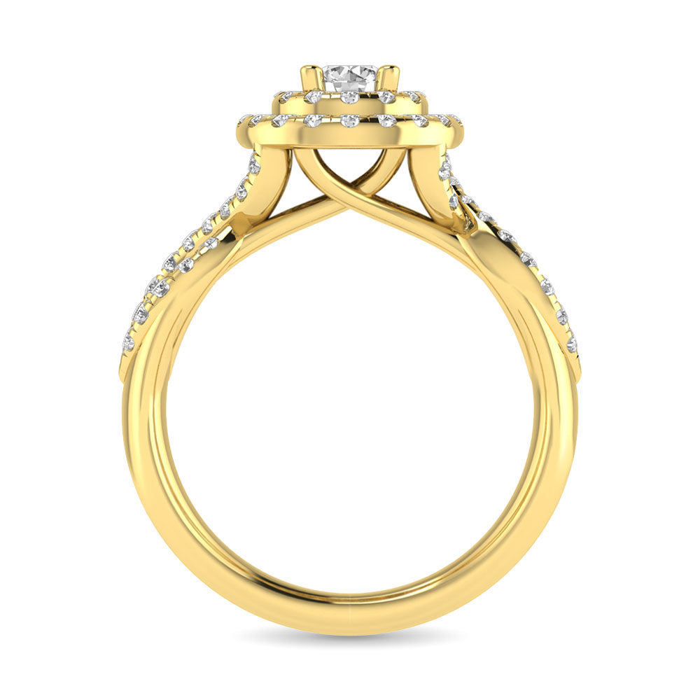 Diamond  Twist Shank Double Halo Bridal Ring 3/4 ct tw Round Cut in 14K Yellow Gold