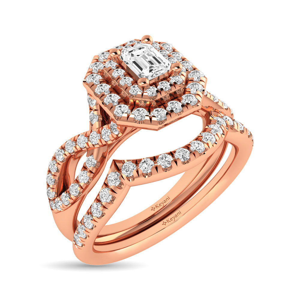 Diamond  Twist Shank Double Halo Bridal Ring 3/4 ct tw Emerald Cut in 14K Rose Gold