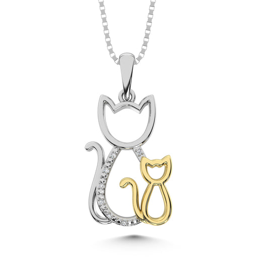 Diamond Accent Cat and Kitten Pendant in Sterling Silver and 10K Yellow Gold