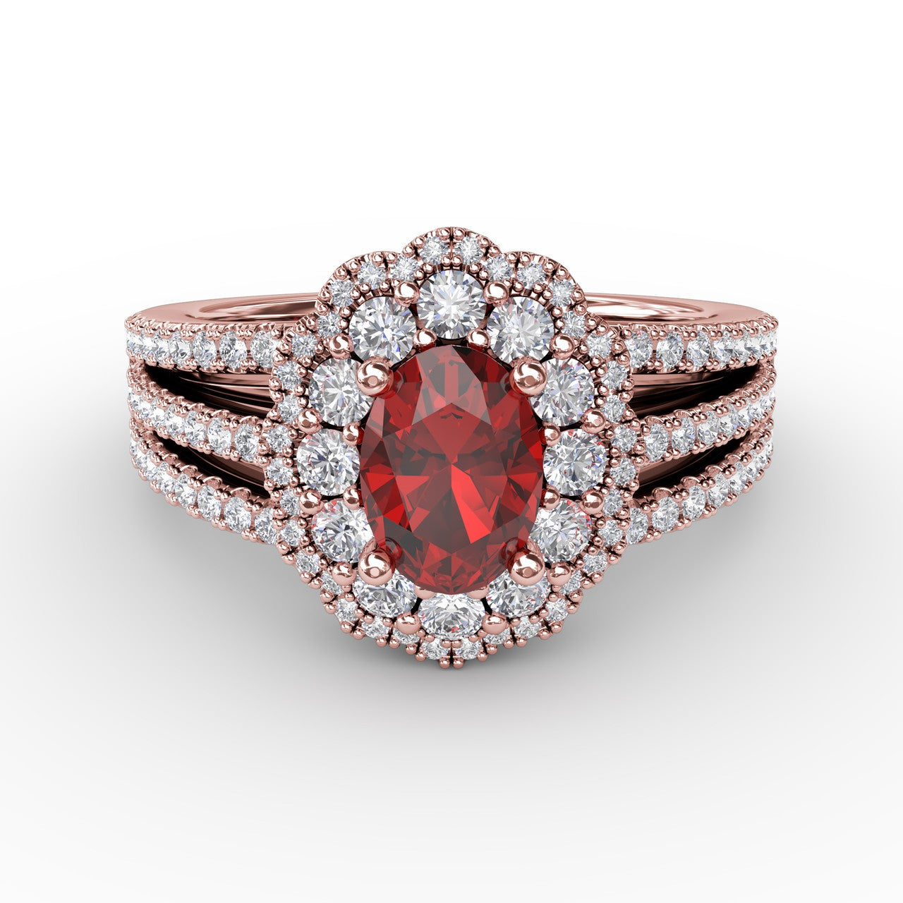 Ruby and Diamond Triple Row Split Shank Ring